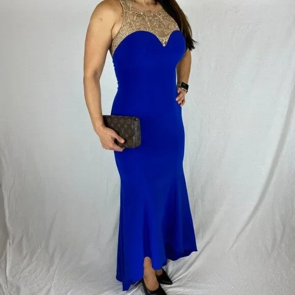 Marchesa Notte Blue Gold Lace Formal Gown $995 - Picture 8 of 11